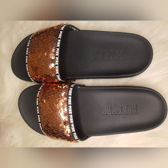 💞PINK Victoria’s Secret Rose Gold Bling Sequins Slides LARGE - Picture 5 of 8